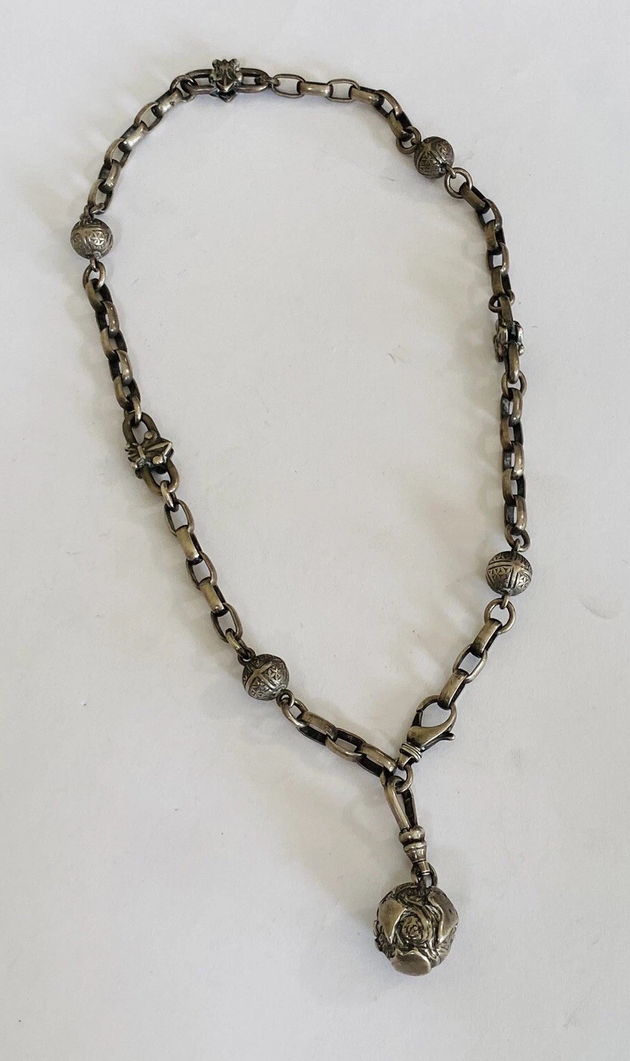 Vintage Sterling Silver Station Fleur de Lis French Ball Globe Charm Necklace