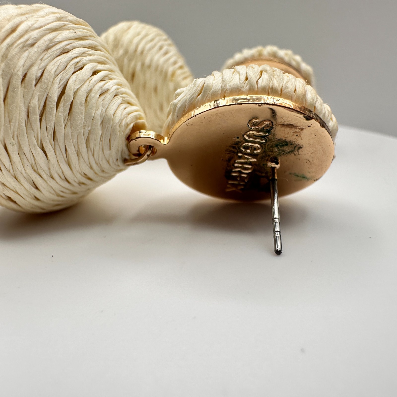 Vintage 90s Sugarfix Cream Raffia Lantern Drop Earrings Boho Geometric Dangle