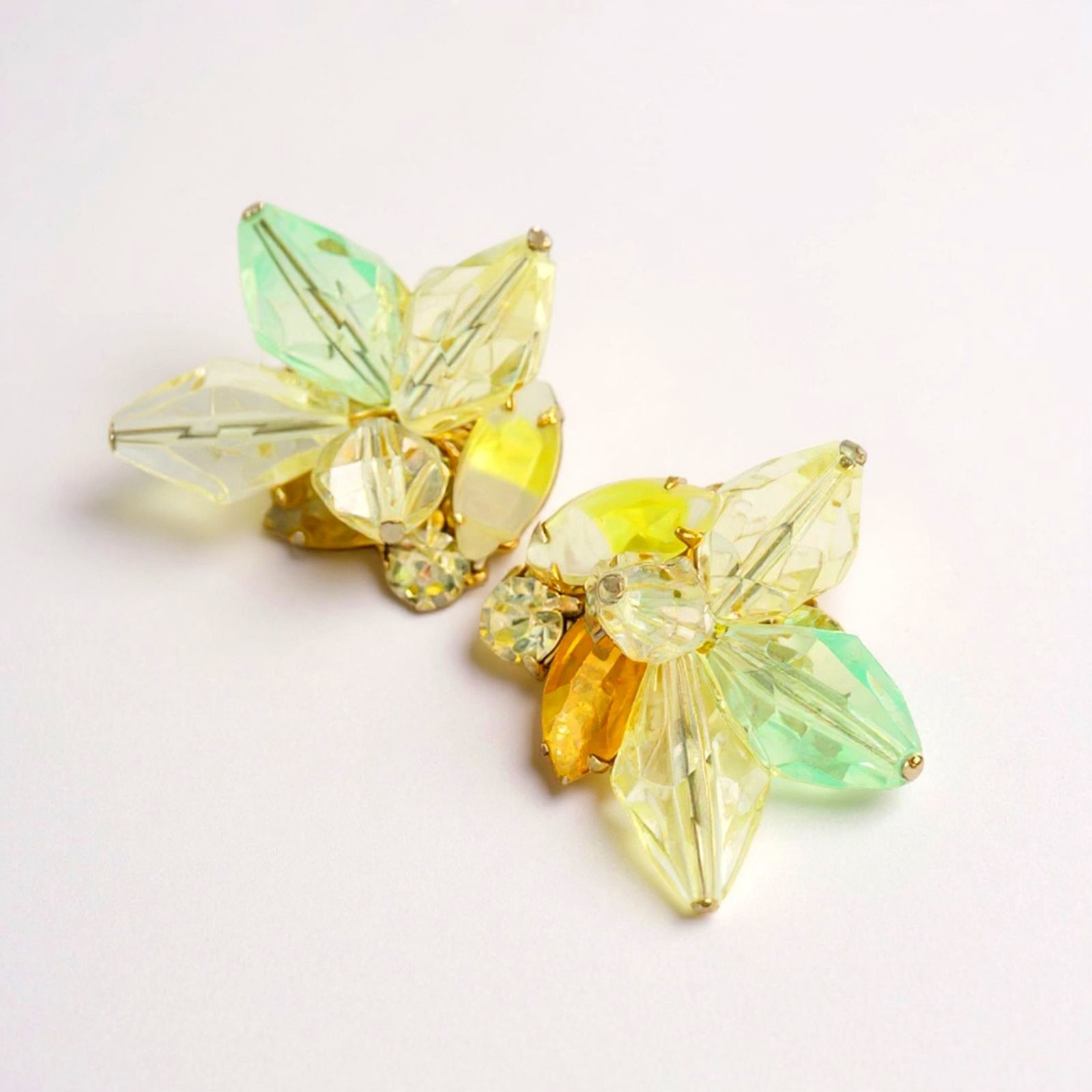 Juliana style givre rhinestone floral earrings yellow green Pastel Garden Party