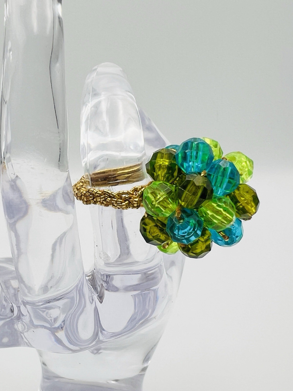 Vintage 1940’s Blue, Green & Gold Beaded Cluster Ring on Stretch Band