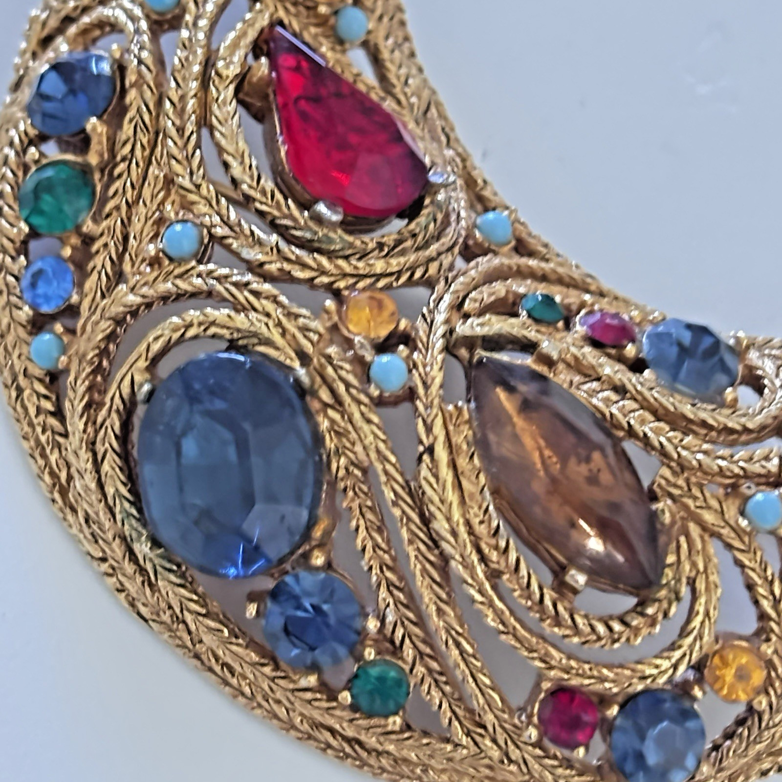 LaRoco Attributed 1950s Moon Brooch Colorful Gold Tone Rhinestones Florenza?