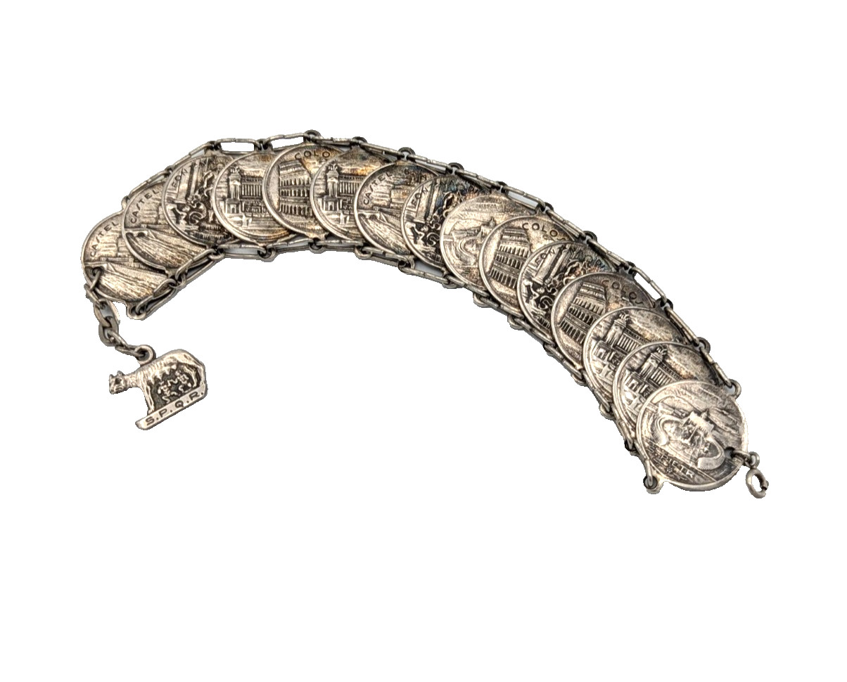 Roman Souvenir Silver link Coin Bracelet Rome Tourist SPQR Romulus & Remus 1960