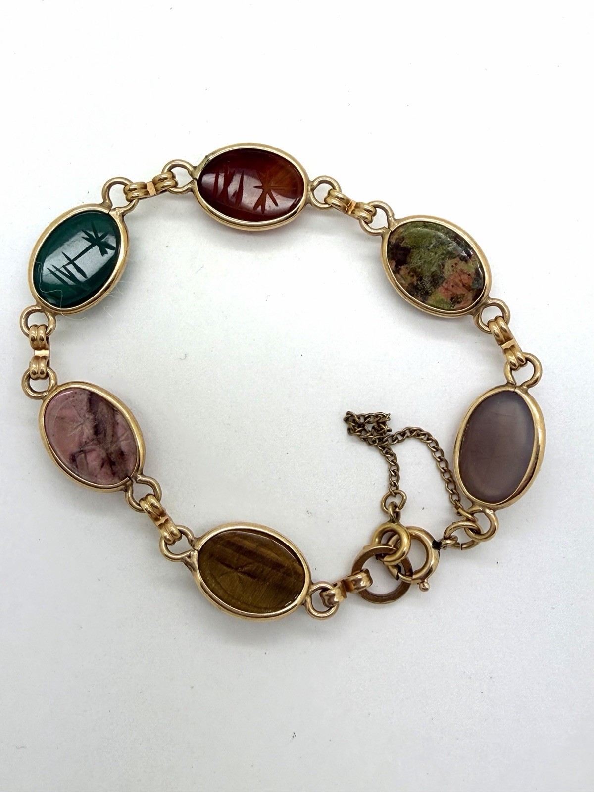 Vintage Bojar 1/20 12k G.F. 7” Scarab Gemstone Bracelet Bloodstone Carnelian