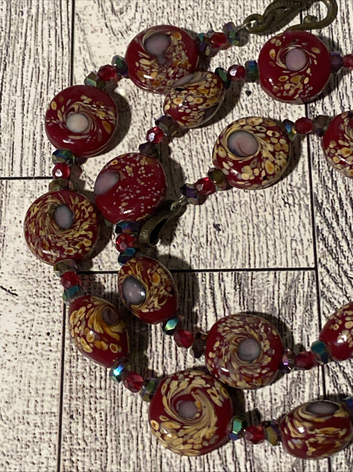 Vintage Red Millefiori Art Glass AB Iridescent Beaded Necklace Murano Style