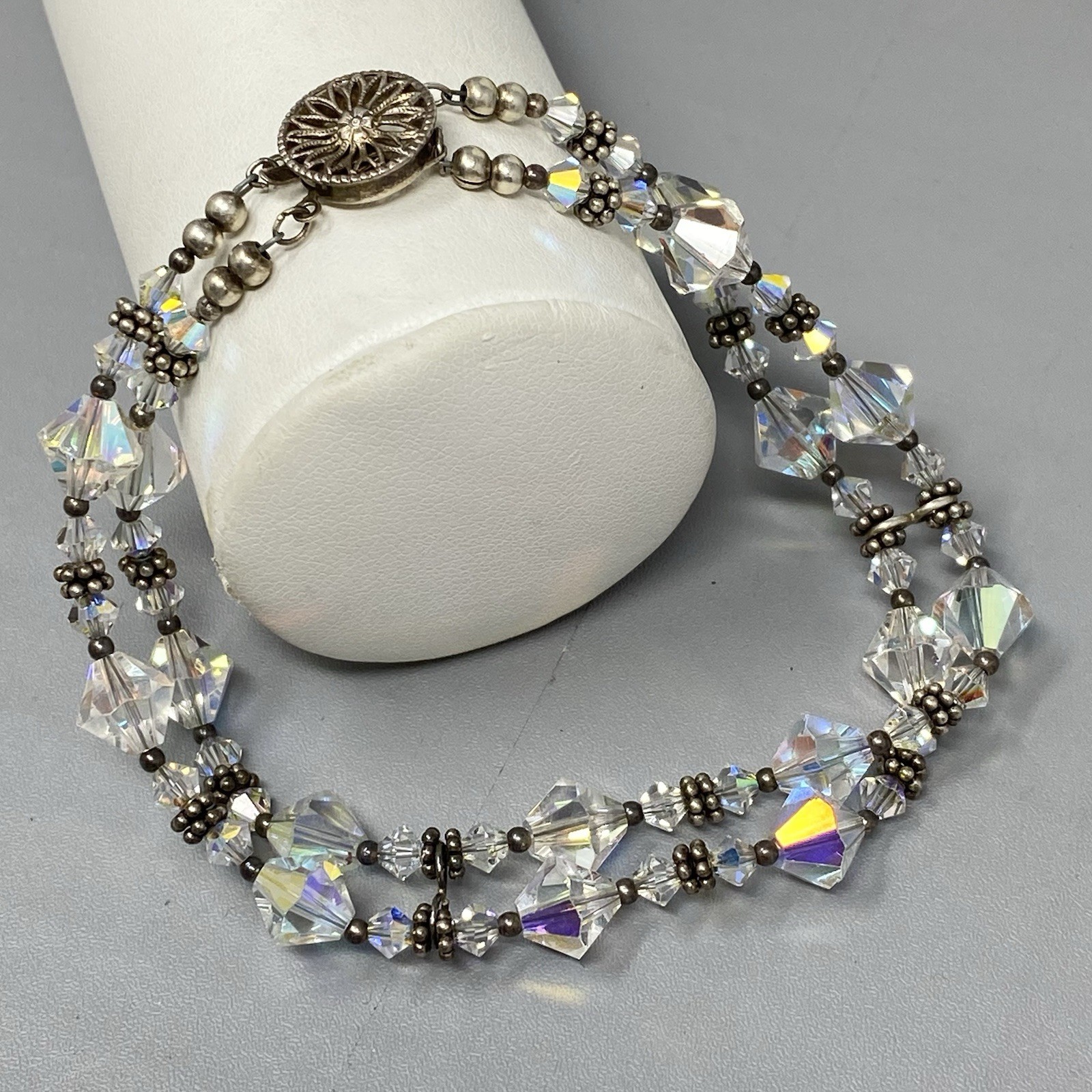 Aurora Borealis Glass Bead Bracelet Bicone Faceted Double Strand Tennis 7.5″