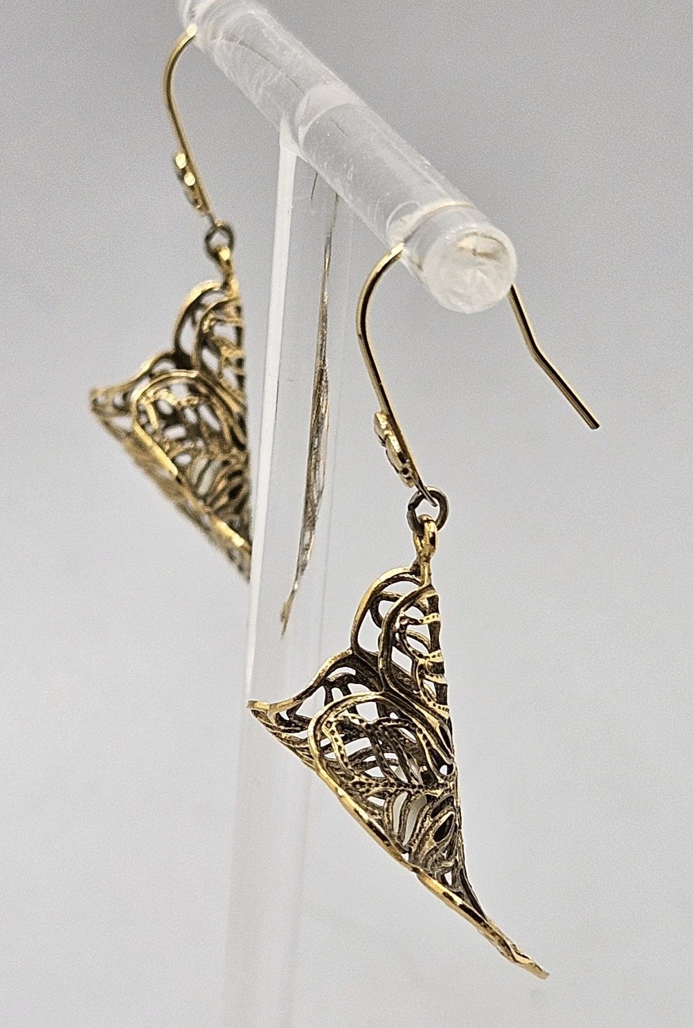 Vintage Gold Tone Filigree Faux Pearl Earrings Dangle Pierced`Hook Bell Flower