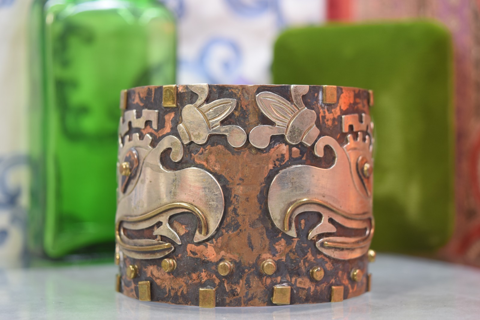 Vintage Mexico Mixed Metal Huge Aztec Bracelet Sterling Copper Brass 8″