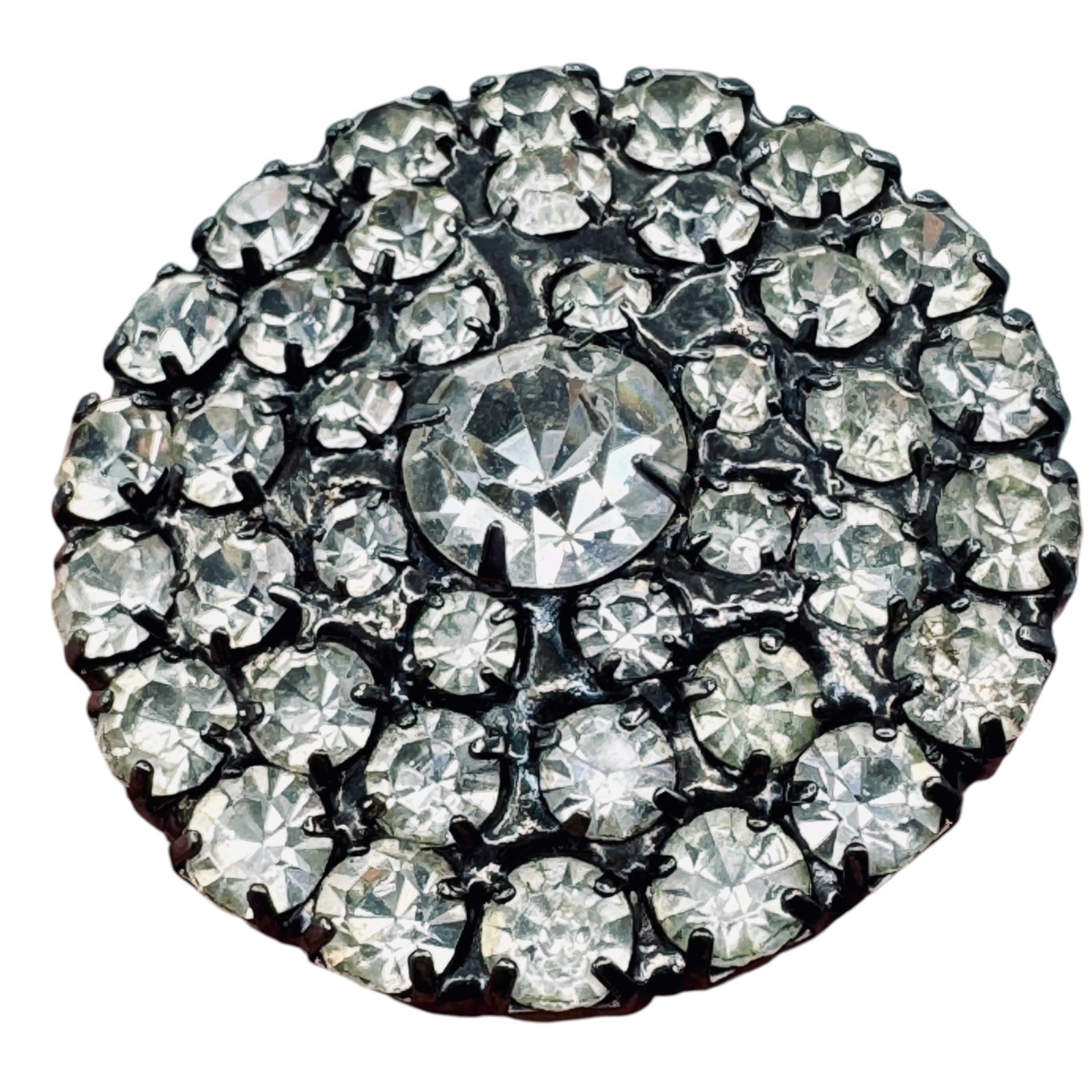Vintage Rhinestone Brooch Japanned 1940s Dome Cluster Clear Prong Set Retro Glam