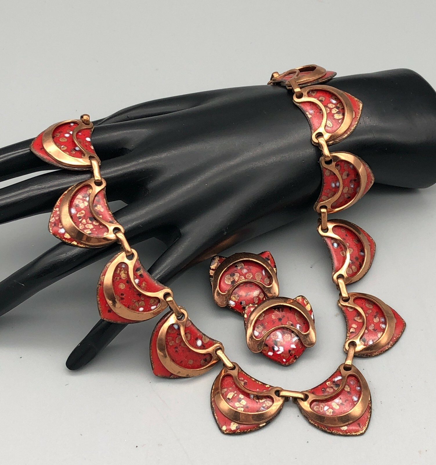 Vintage MCM Matisse Red Spotted Enamel w/Copper Overlay Necklace & Earrings Set