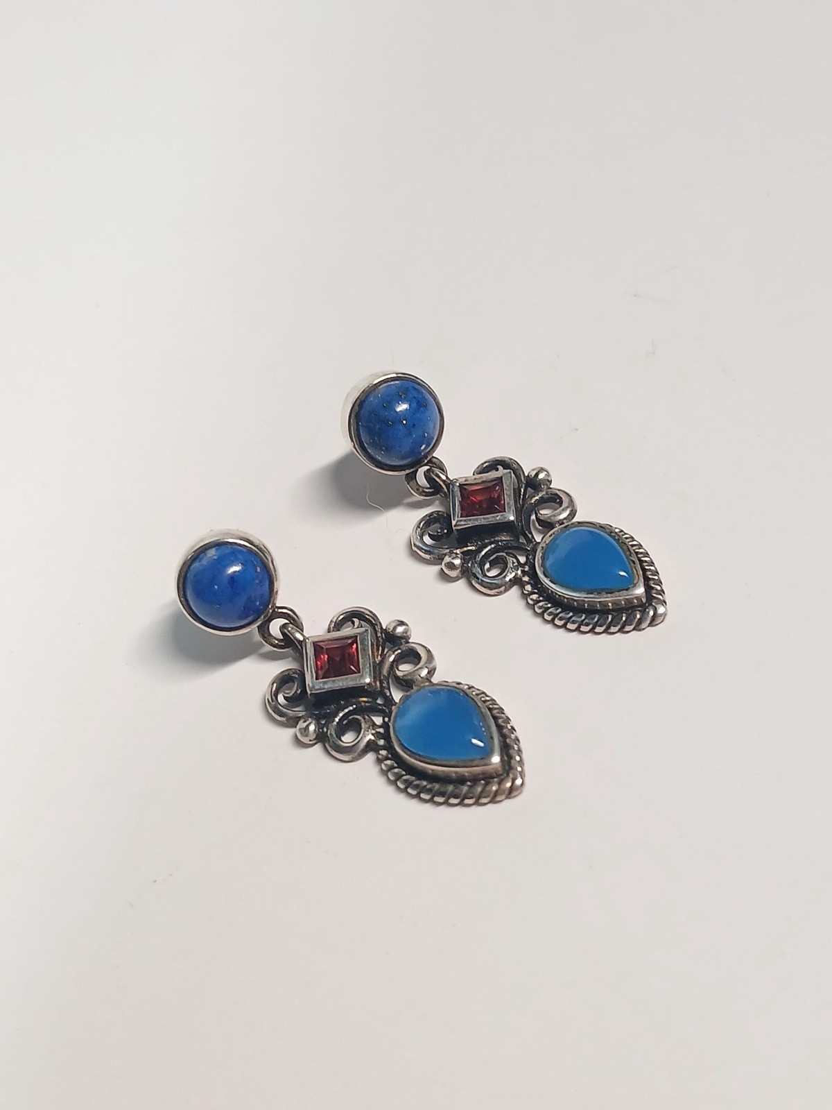 Vintage Sterling Silver 925 Thai Blue Iolite Lapis Lazuli Garnet Dangle Earrings