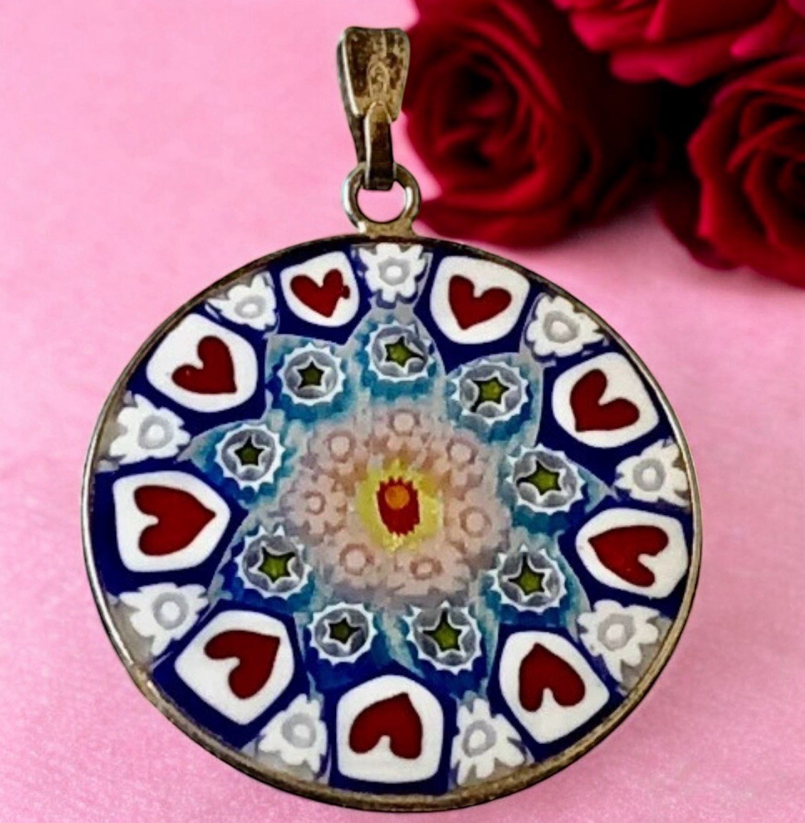 Italian Glass Handcrafted Pendant Mosaic Sterling Silver Flowers Heart