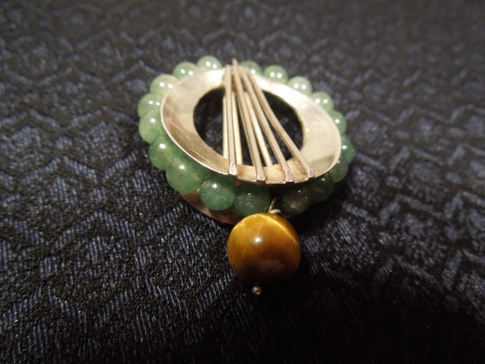 Vintage Rare Art Deco Sterling Silver Jade Tiger’s Eye Beaded Pendant