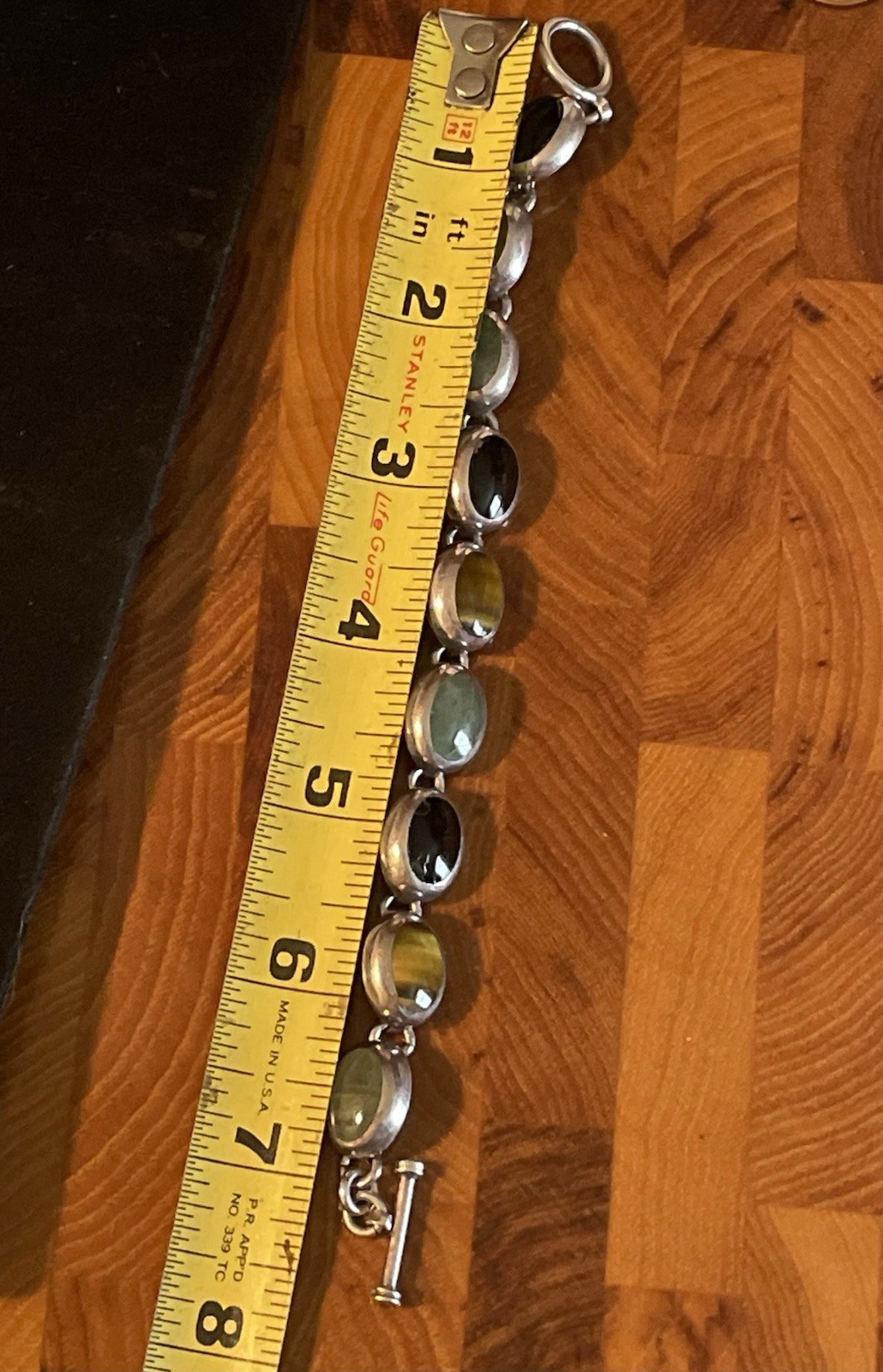 Vintage Taxco Sterling Silver Jade, Tigers Eye & Onyx Chain Link Bracelet. 7”