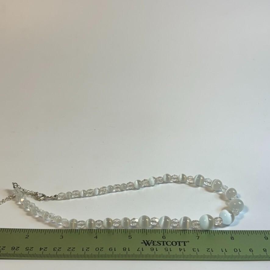 Vintage Necklace White Opalite Semi Precious Stone Beads Cats Eye Glass Crystal