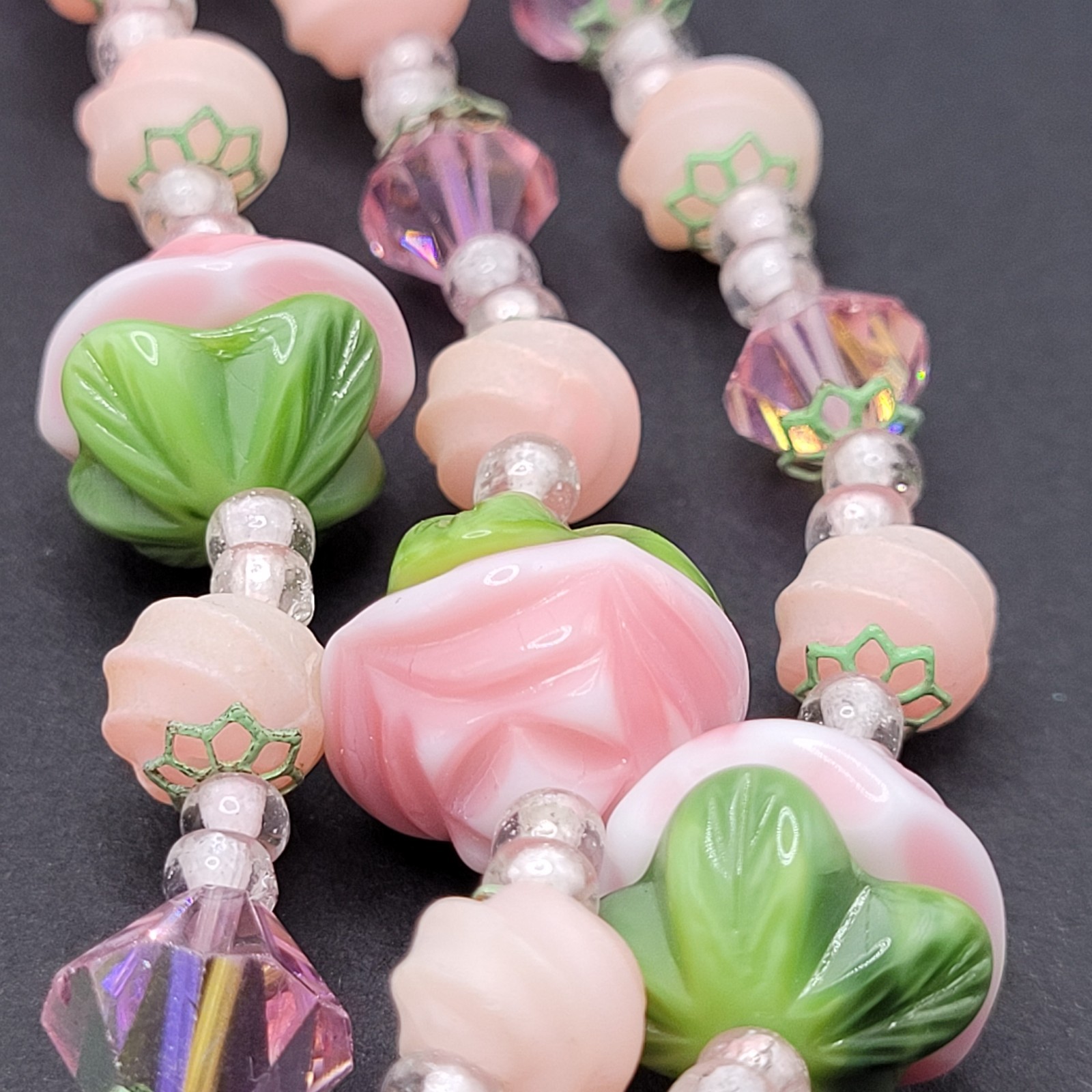 Triple Strand Glass Pink Rosette Green Bottom Rosebuds Bicone Crystal Necklace