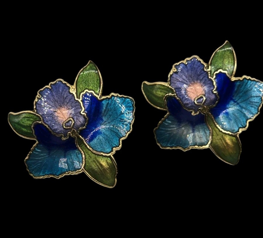 Vintage Cloisonne Blue Purple And Gold Orchid Flower Earrings