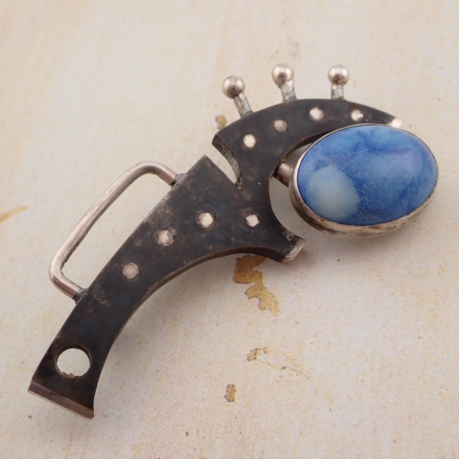 VTG MR Brutalist Industrial Gear Blue Lapis Silver Mixed Metal Abstract Brooch