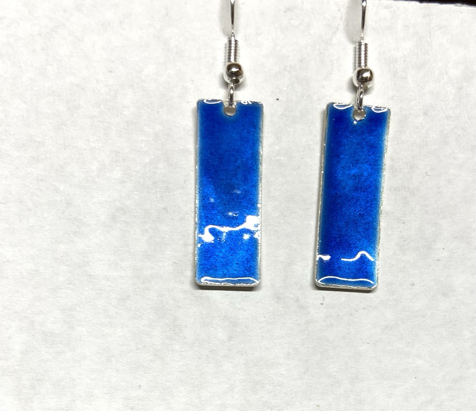 Vintage Blue enamel on Silver Rectangle Dangle Pierced Earrings- 1″ long