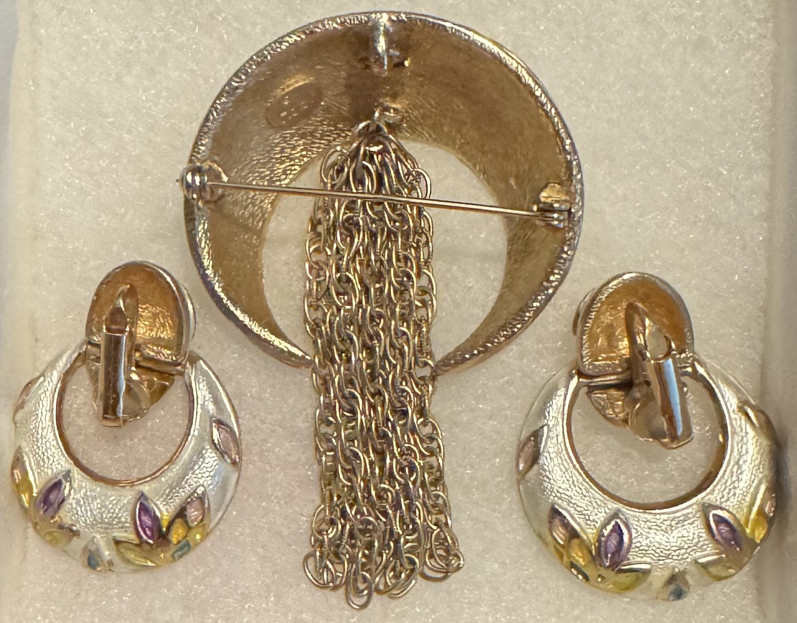 Rare Vintage Signed Hobé Enamel Brooch & Earrings Set w/ Chain Fringe