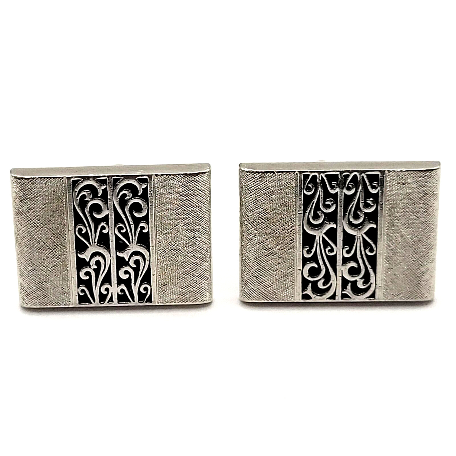 SWANK Vintage 1970 to 80s Silver Tone Textured Finish Filigree Center Cufflinks
