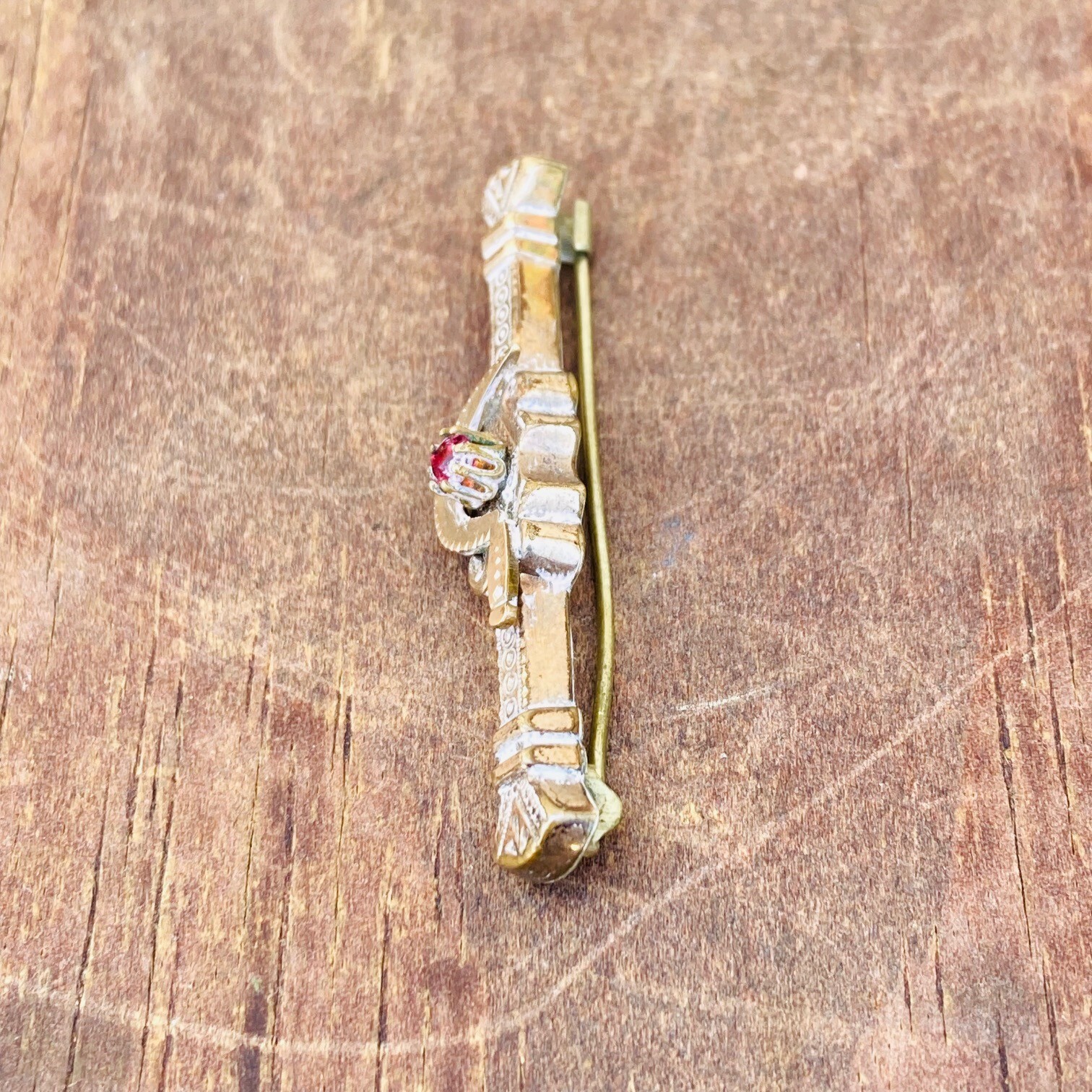 Antique Miniature Bar Brooch Pin with Ruby Red Gemstone Fashion Doll Gift #1183
