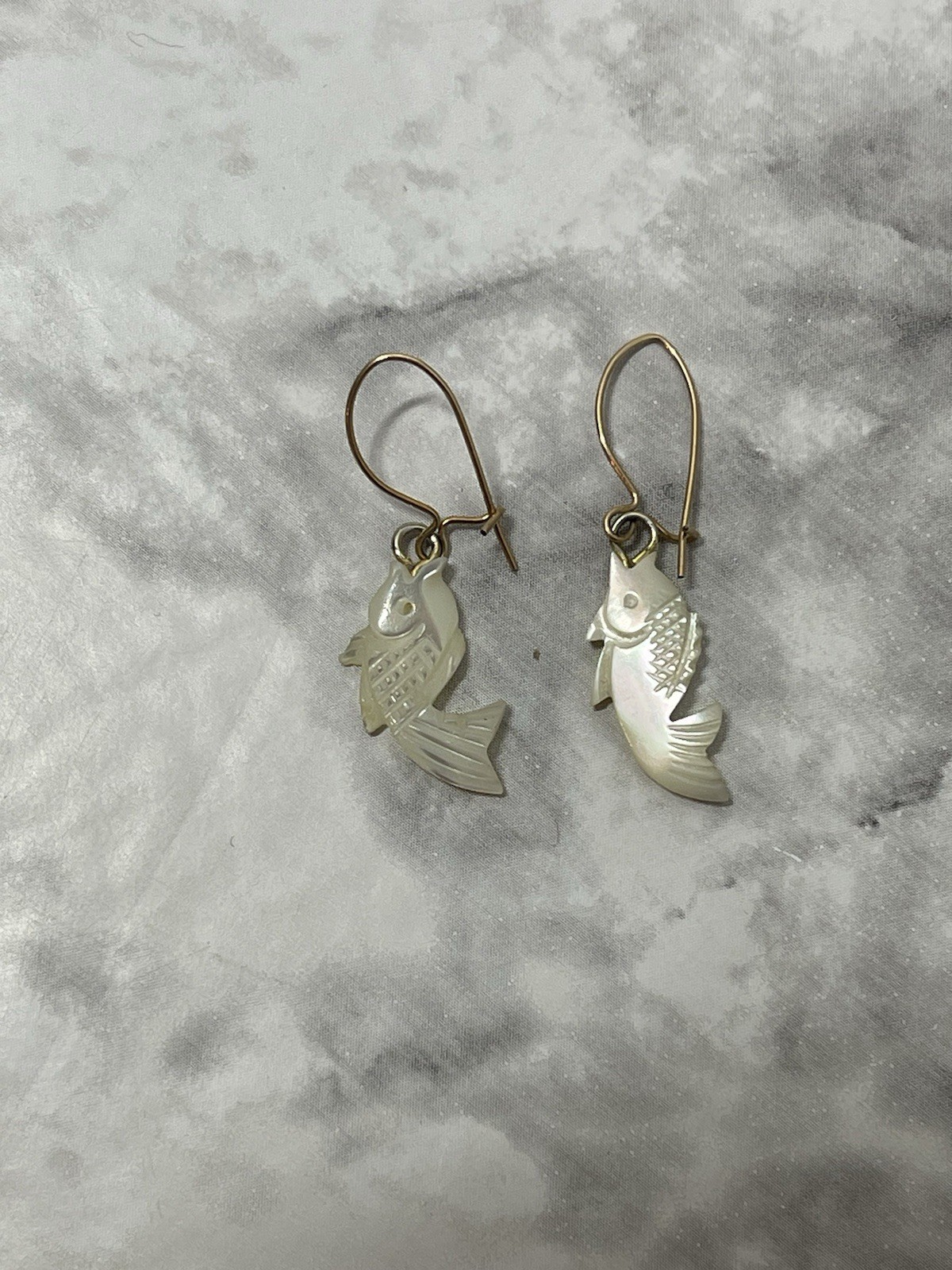 Vintage Mother of Pearl Carved MOP Pierced Koi Fish Dangle Earrings