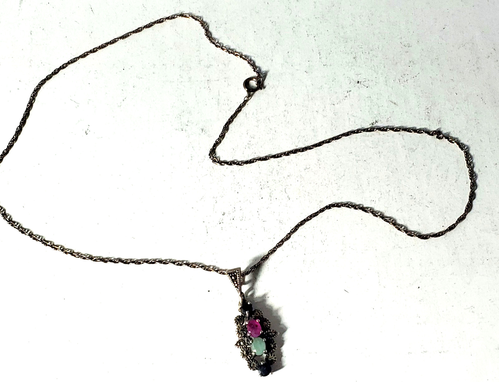 Vtg Sterling Silver Ruby Emerald Sapphire w Marcasites Pendant Necklace Lot 18″