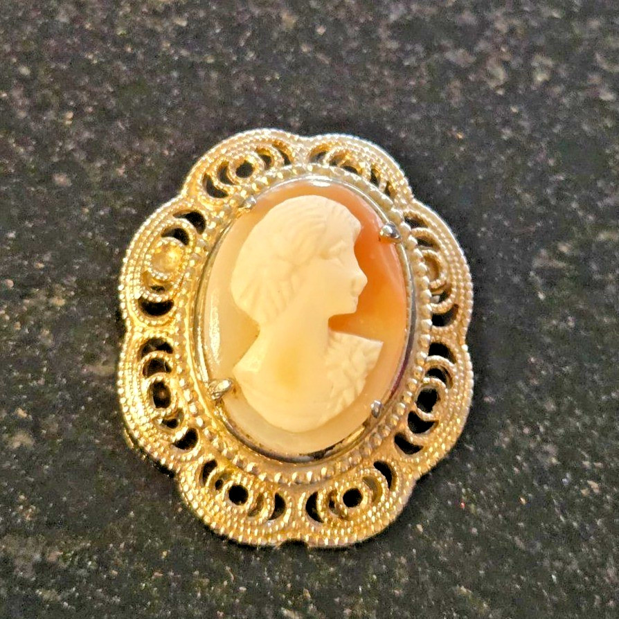 Vintage Cameo Brooch Carved Shell Portrait 1920s Orange White ornate filagree