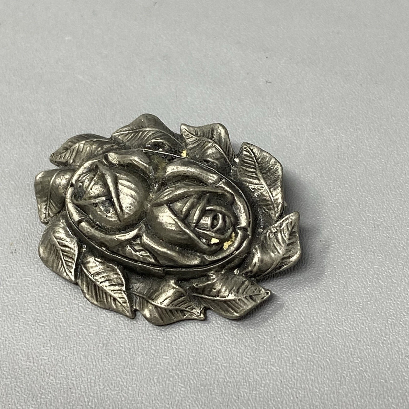 White Swan VTG Pewter Brooch Pin Double Rose Leaf Stacked Edge Silver Tone 1991