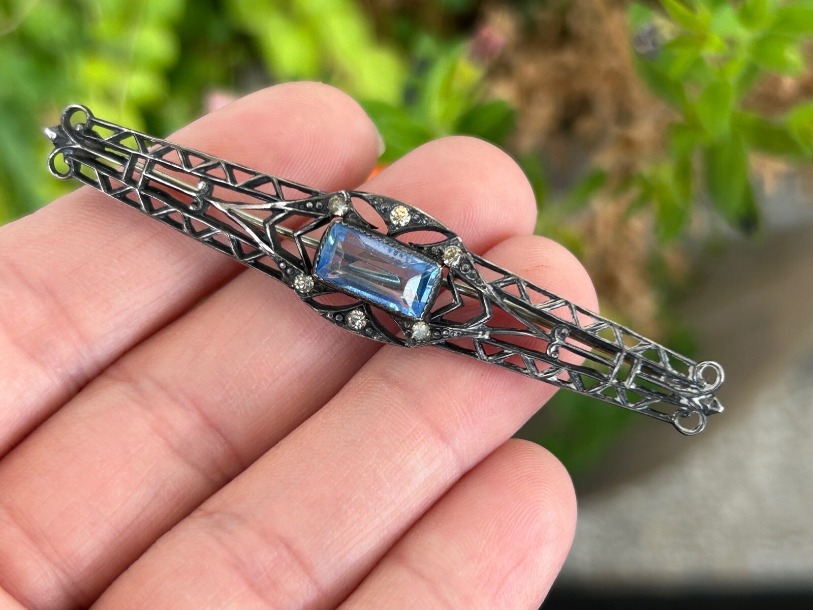 Antique Sterling Silver ART DECO Open Work Bar Brooch Blue Iolite ? & Glass