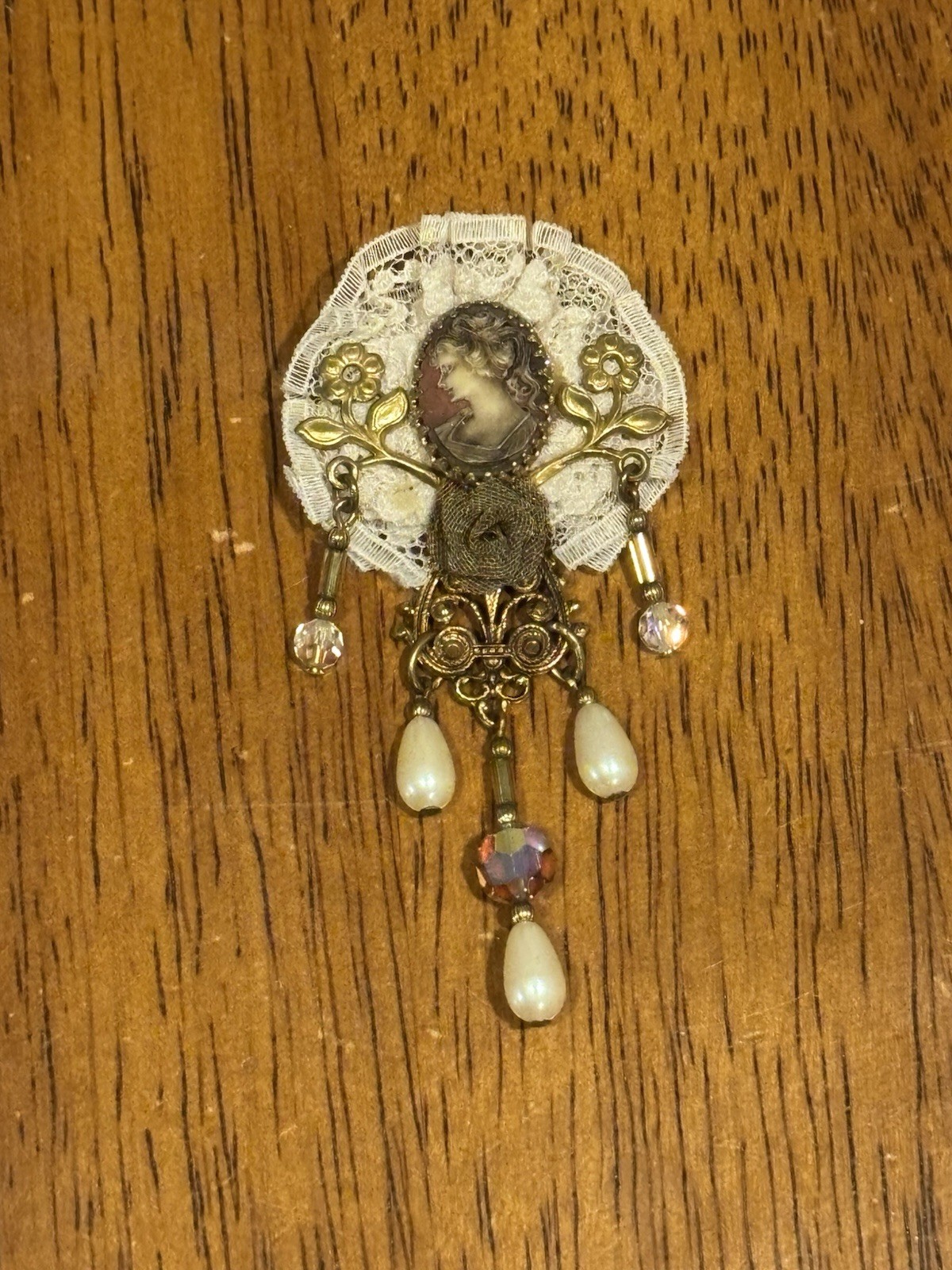 Vintage 3” Gold Brown White Molded Cameo with Beads and Lace Brooch Pin