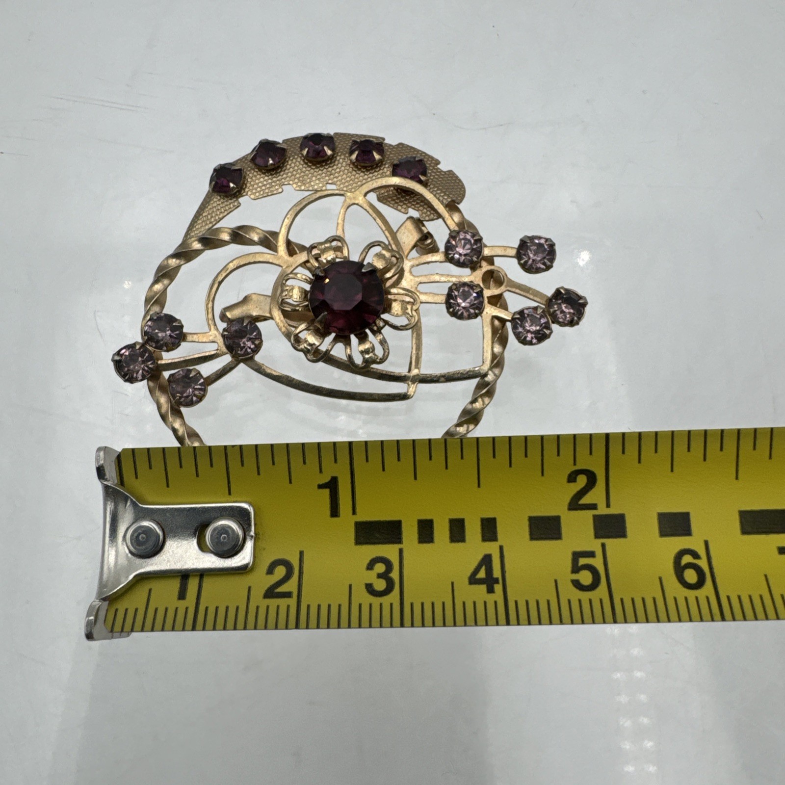 Vintage Gold Tone Heart Brooch with Purple Rhinestones