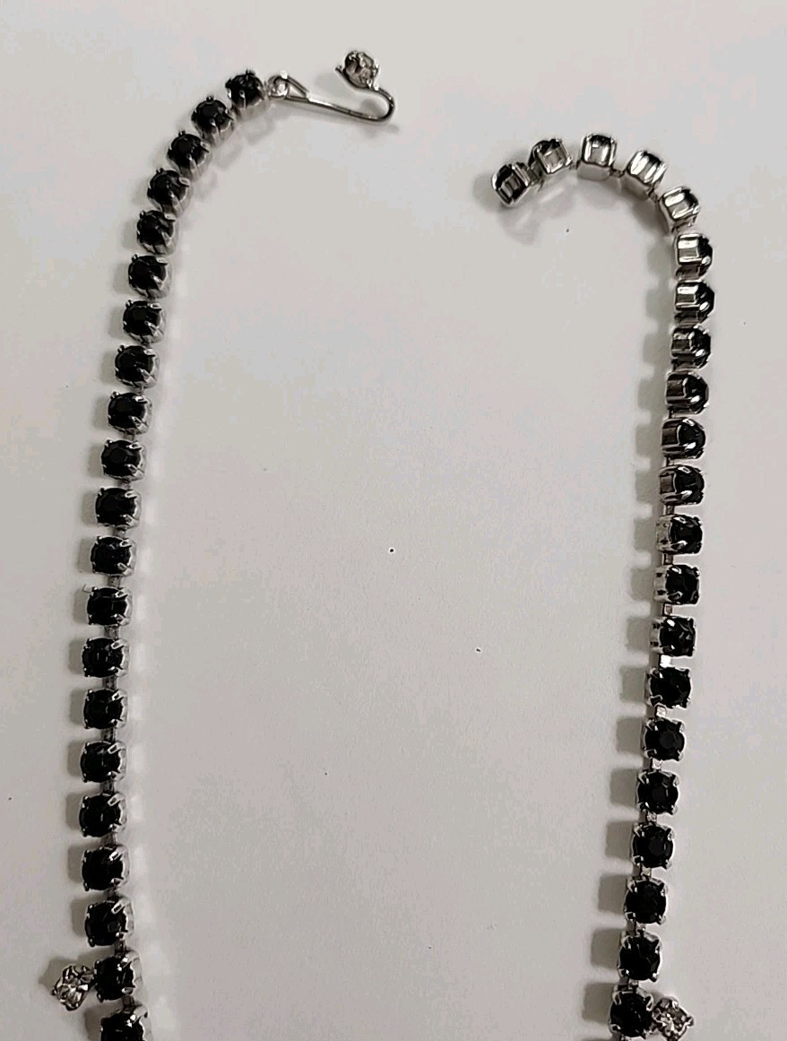 Vintage 1950s Bib Necklace & Screw Back Earrings Black & Clear Rhinestones