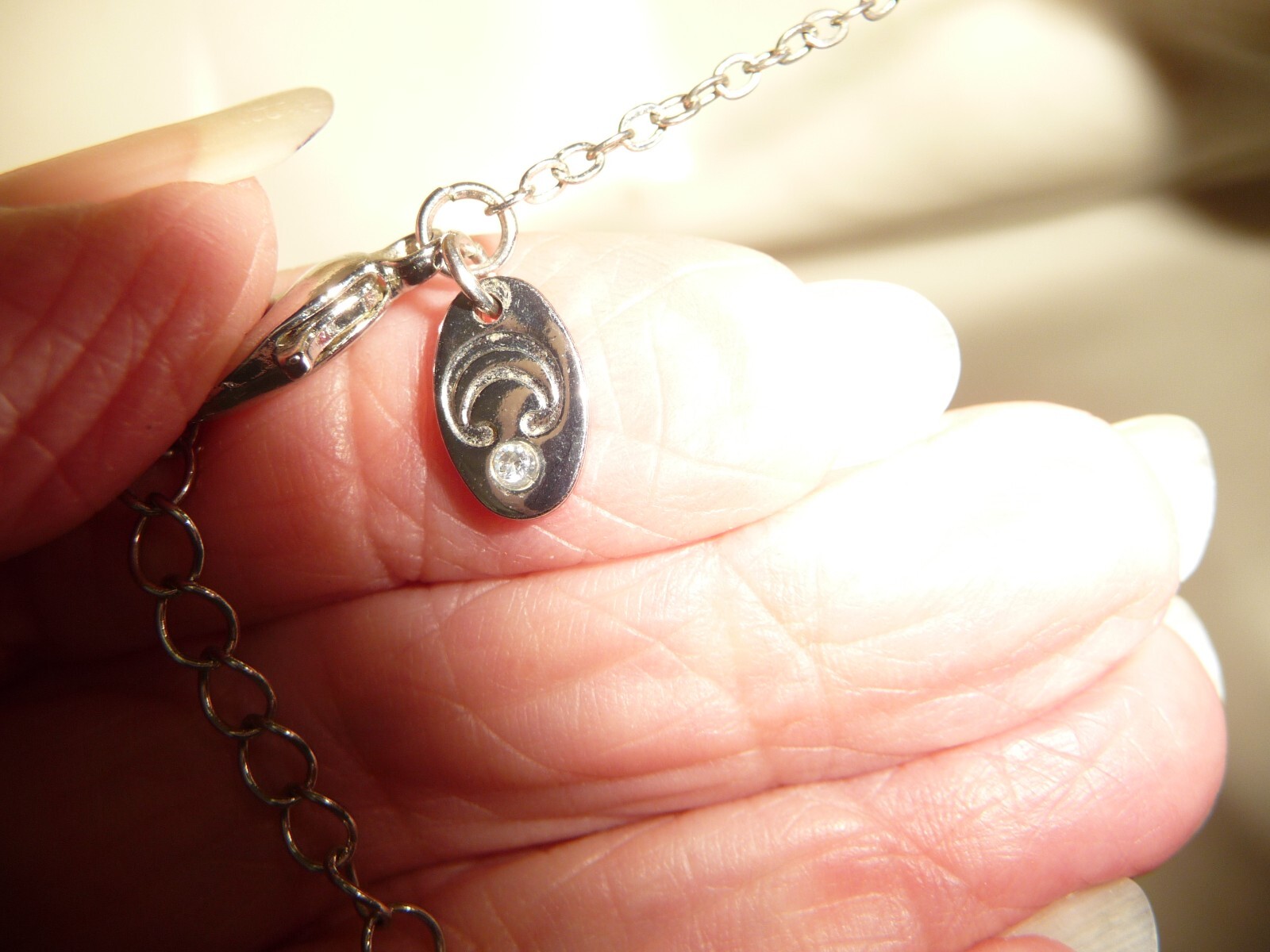 ” C ” PENDANT GRAY STONE RHINESTONE BORDER SILVER TONE CHAIN NECKLACE #17/12K