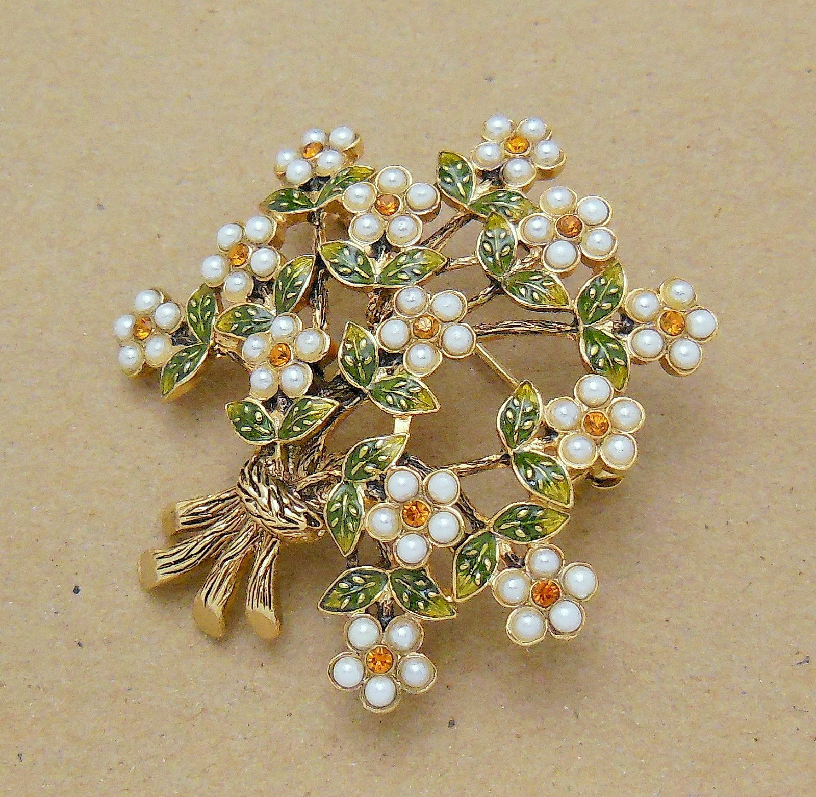 Beautiful Signed MONET Faux Pearl RS Enamel Leaf Flower Sprig Bouquet Brooch Pin