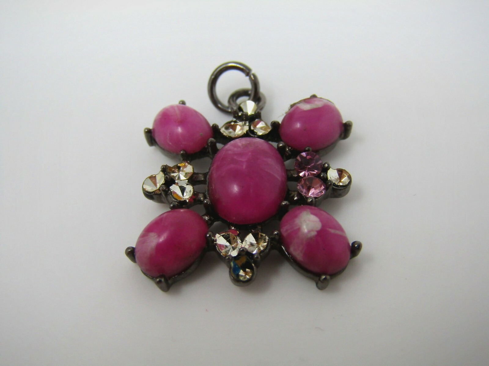 Vintage Pink Marbled Glass Flower Pendant Rhinestone Accent Gunmetal Tone