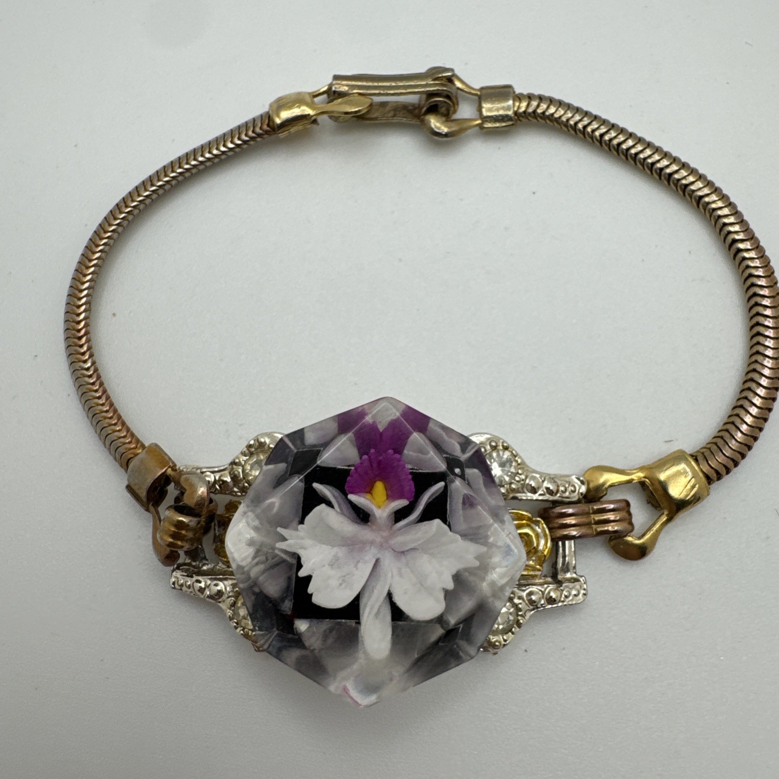 VTG Orchid White Purple Flower Snake Chain Two Tone Bracelet Clear Gem Woman