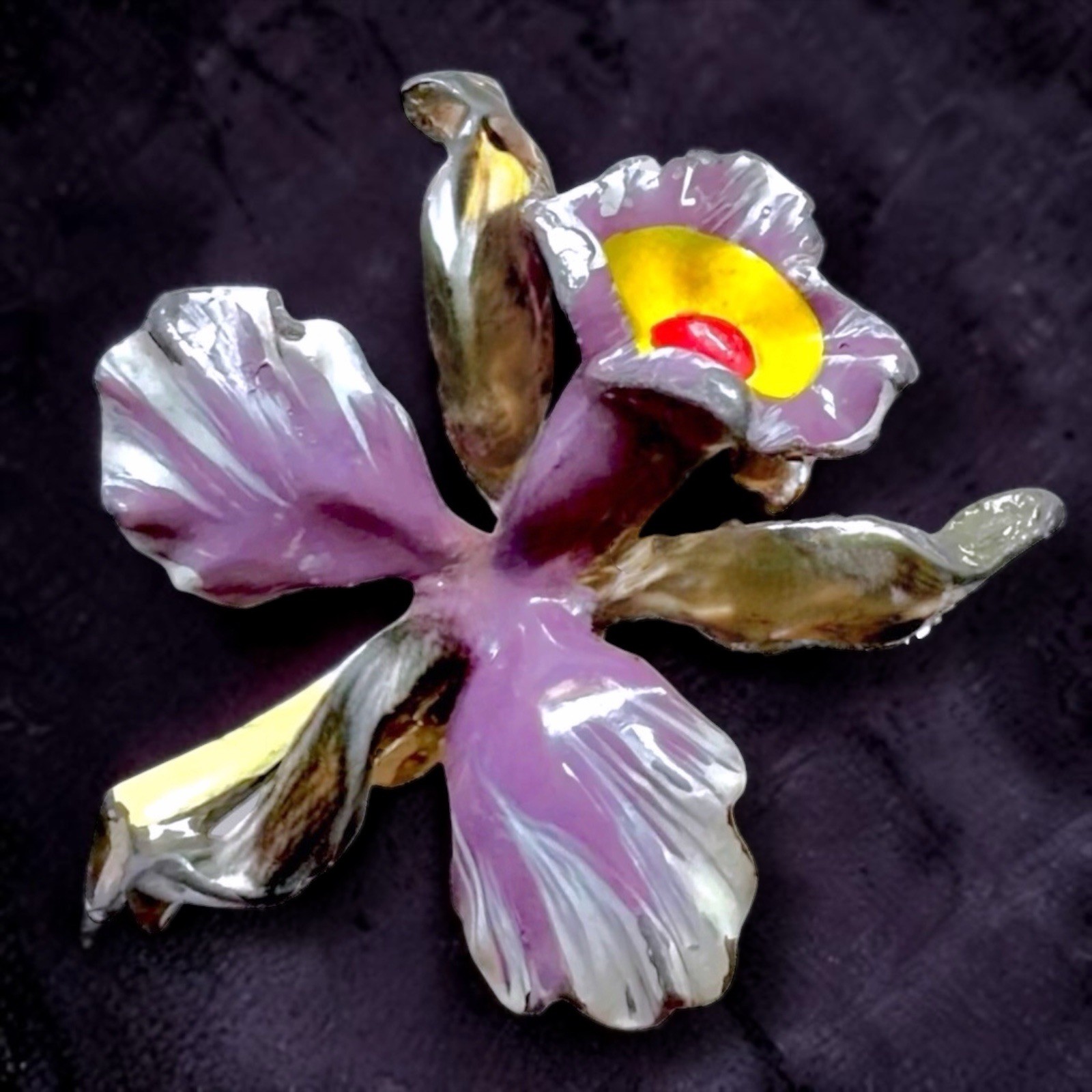 Enamel Flower Brooch Orchid Purple Silver Tone Small Vintage