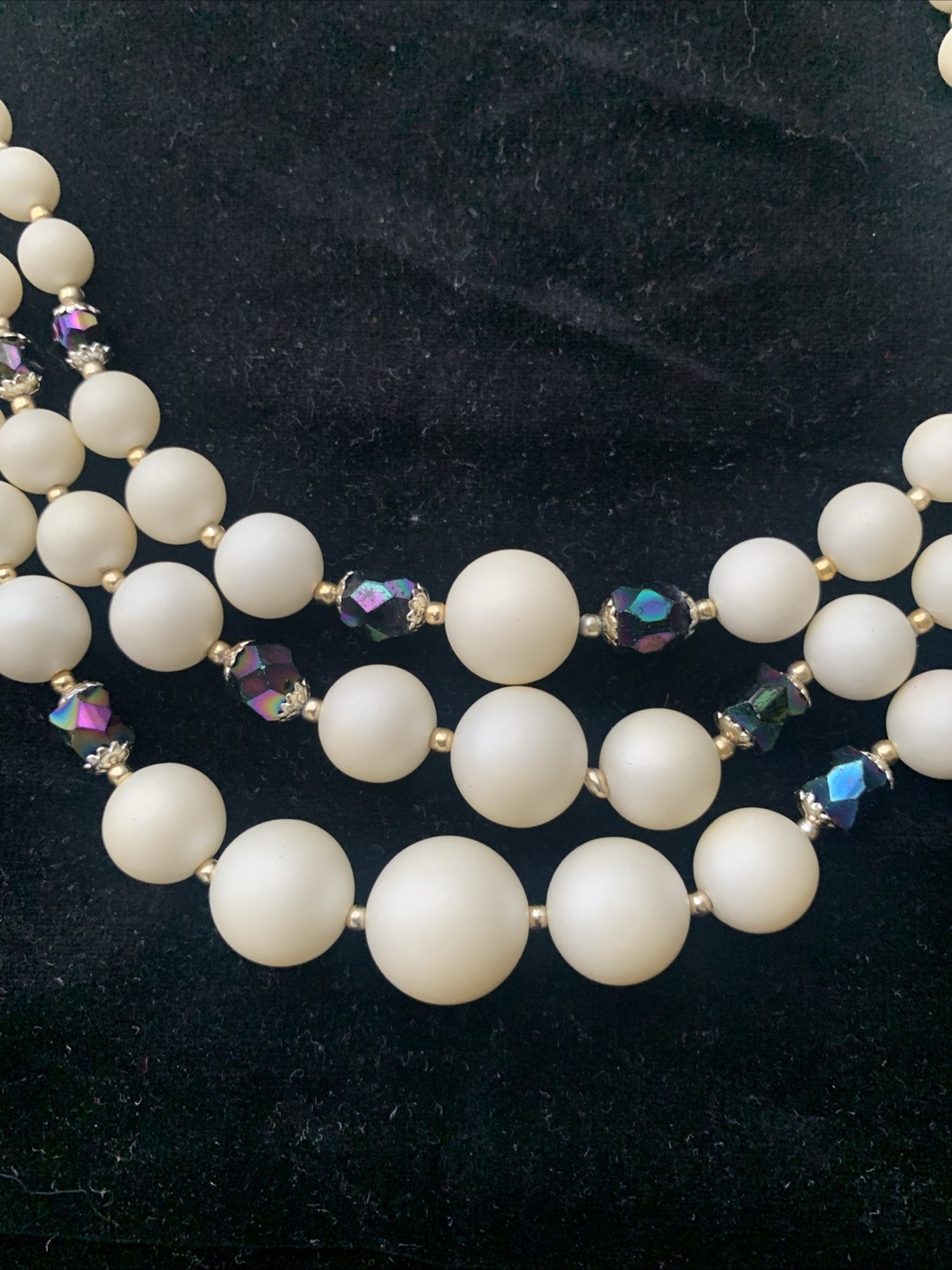 MCM Costume Graduated Three Strand Necklace Ivory Gold and Black Aurora Beads