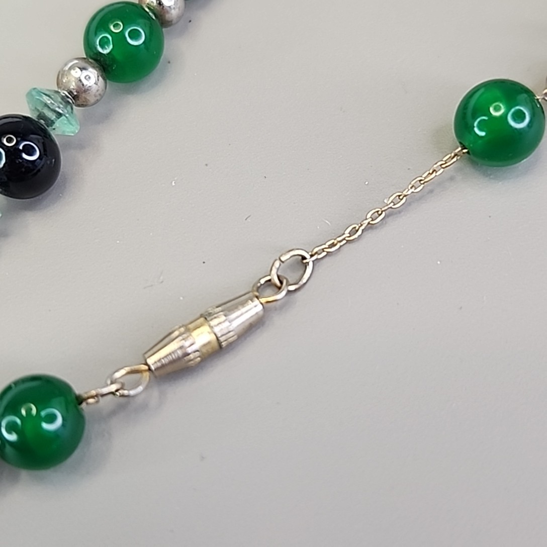 Vintage Glass Necklace Green Striped 24″