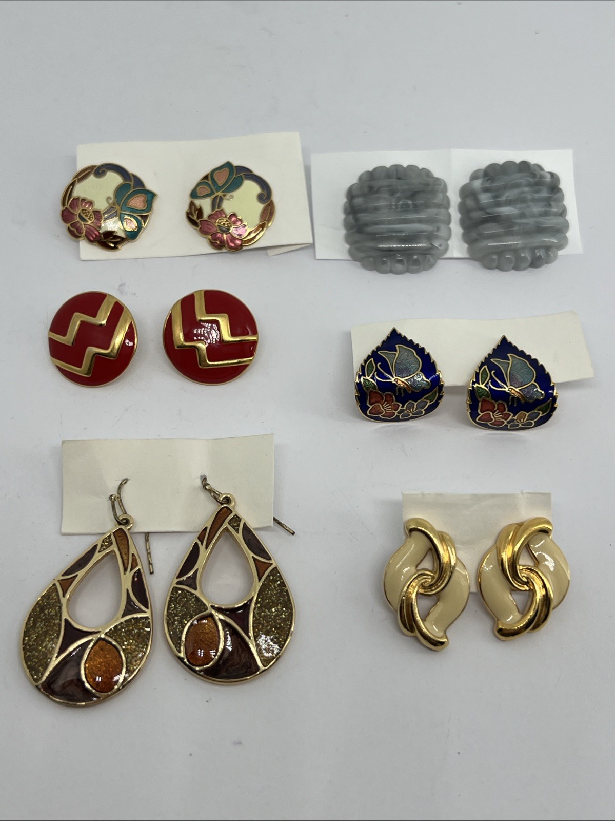 6 Vintage Goldtone Enamel Flower Butterflies Pierced Earrings Monet Avon