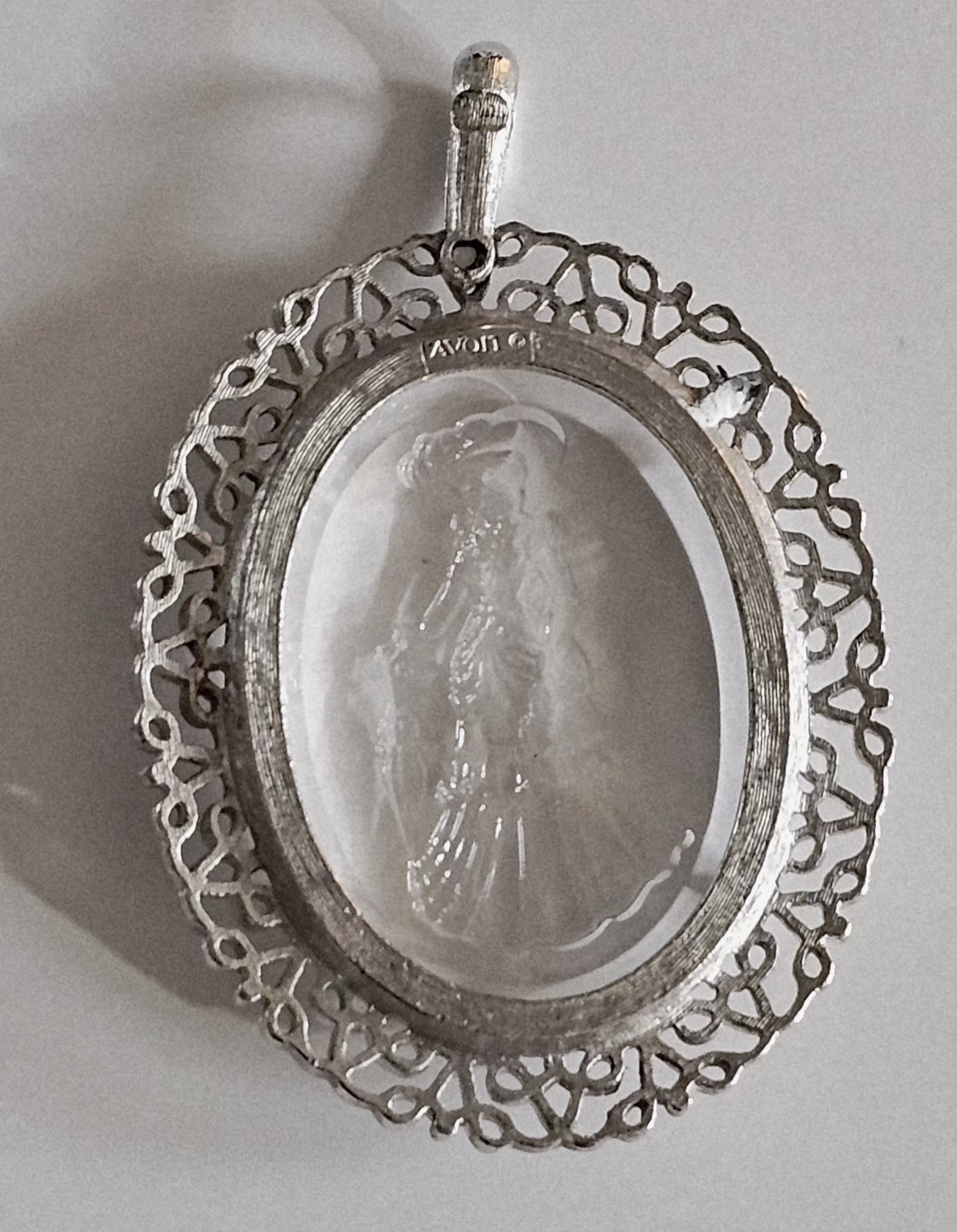 Vintage Avon Cameo Pendant Silver Tone Filigree Lady Intaglio Necklace Charm