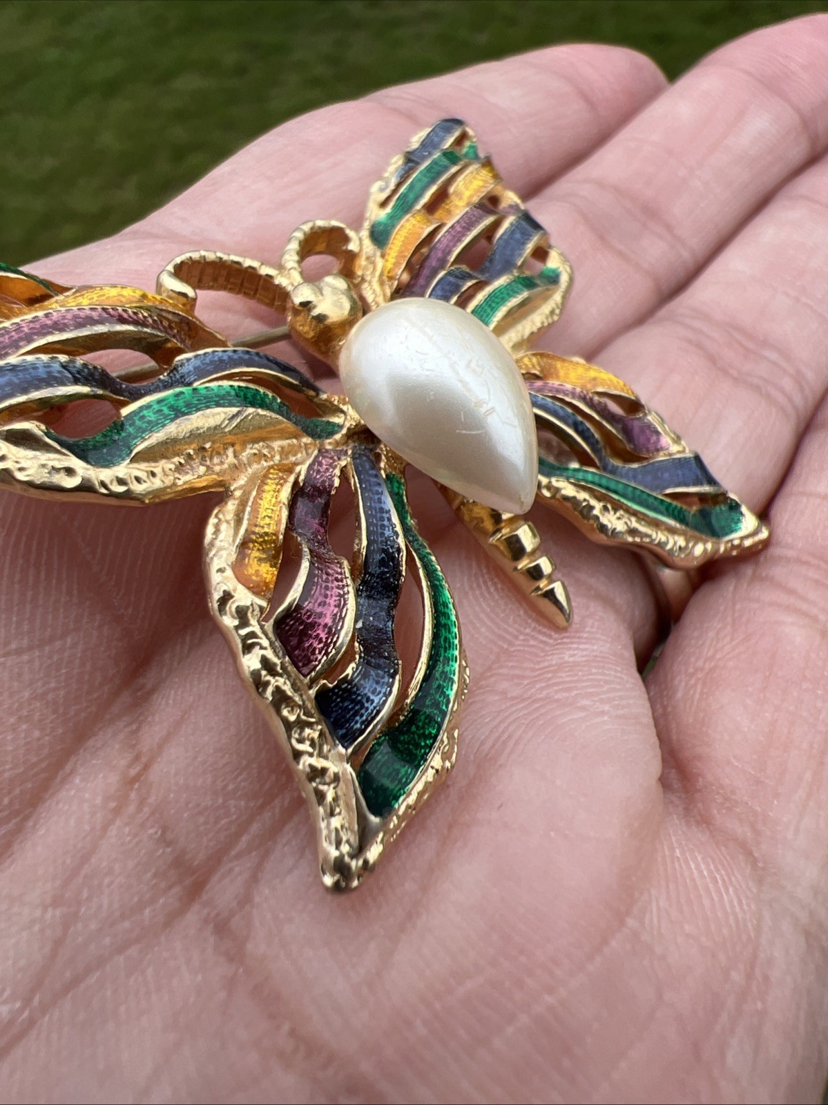 FO Fernando Originals Butterfly Brooch Pin Ribbon Enameled Wings Faux Pearl B5