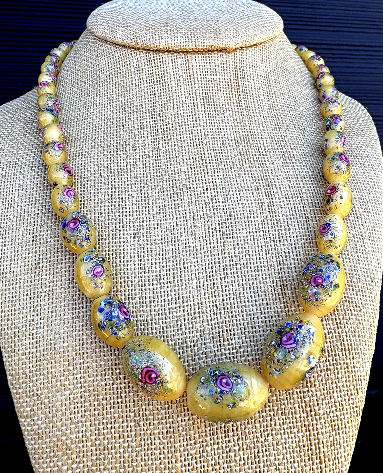 CZECH 1920’S NECKLACE YELLOW SATIN GLASS BEADS WITH FLOWERS 19.6″ Long