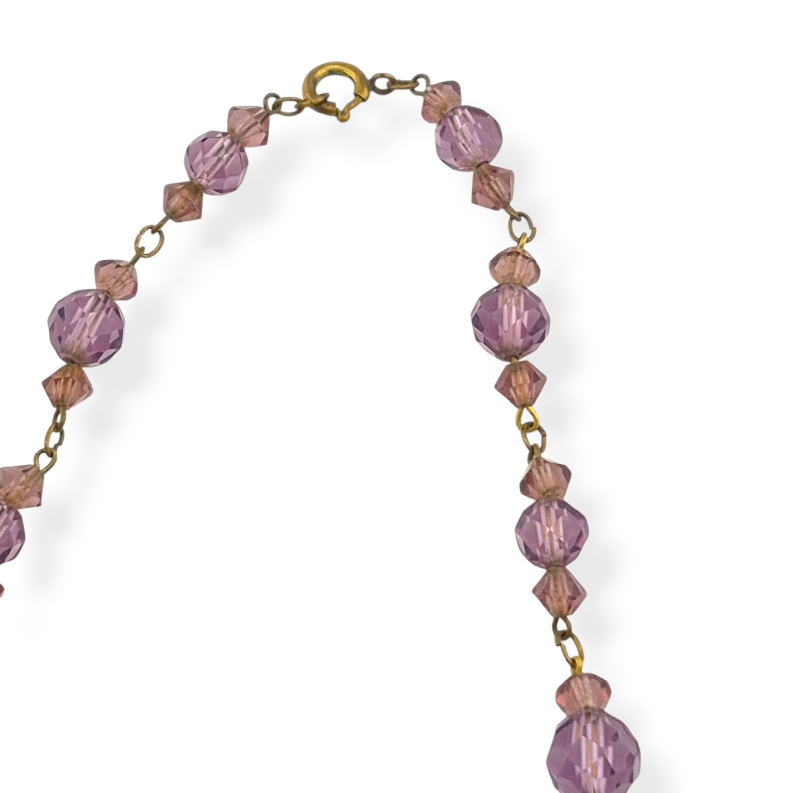 Vintage Art Deco Amethyst Purple Glass Bead Necklace Faceted Prong Set Czech