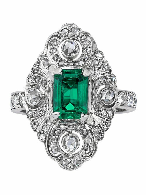Transparent Emerald Cut Green 1.52CT Emerald & White CZ Antique Women Ring FN