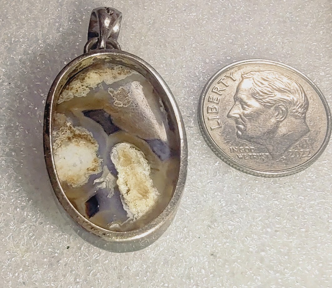 Sterling Silver Pendant VTG Agate Druzy Geode Slice Gemstone ((207))