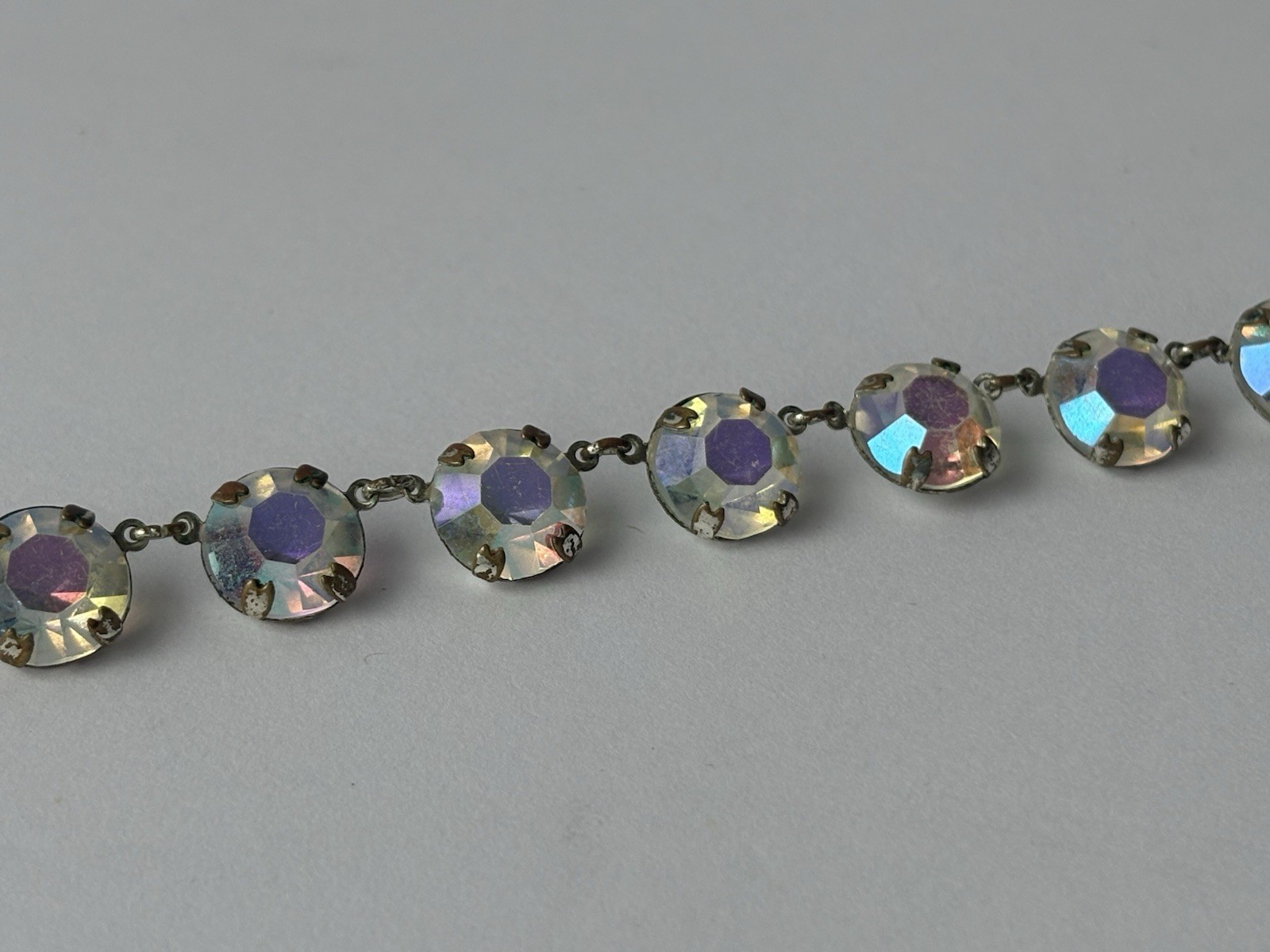 Antique Art Deco Clear Aurora Borealis Crystal Prong Set 15 1/2 inch Necklace