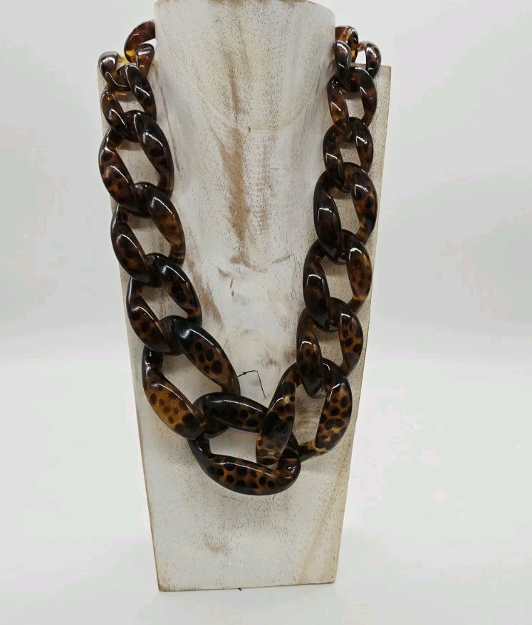 Faux TORTOISE SHELL Necklace WIDE Lucite Acrylic Chain Link Rings Graduated 23″