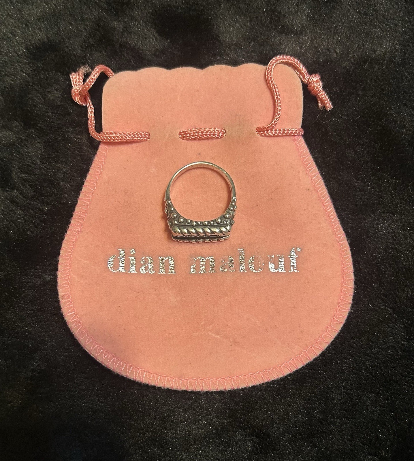 Vintage Dian Malouf “SISTER” Sterling Silver Ring Sz 10 With Original Pouch Bag